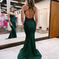 Charming Mermaid Scoop Neck Dark Green Satin Long Prom Dresses with Beading  gh2522