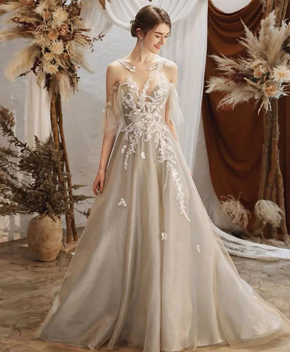 Einzigartiges Rundhals-Tüll-Spitze-langes Abschlussball-Kleid Spitze-formales Kleid gh2229