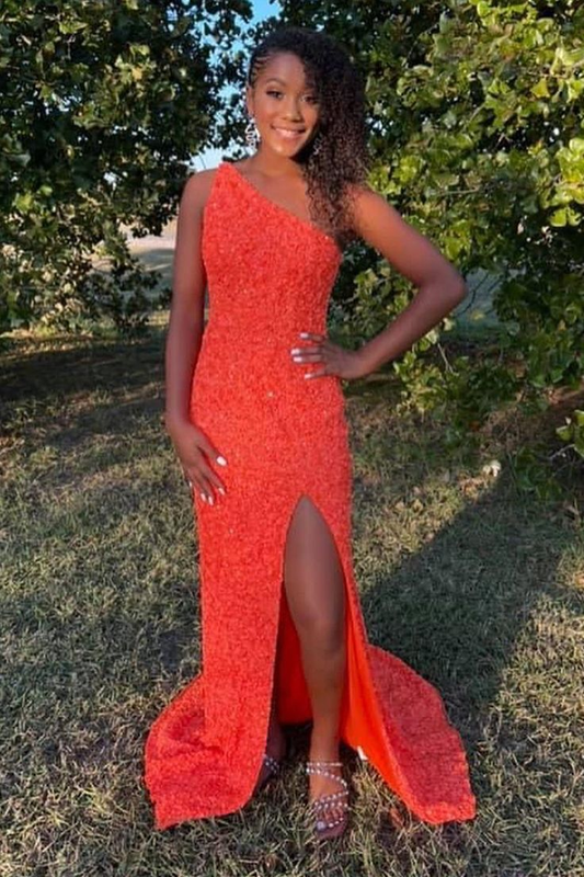 One Shoulder Open Back Mermaid Orange Sequins Long Prom Dress,Shiny Formal Dress,Sexy Night Dress gh2582