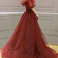 Burgundy Off Shoulder A Line Formal Evening Dress Tulle Long Prom Dress gh2516