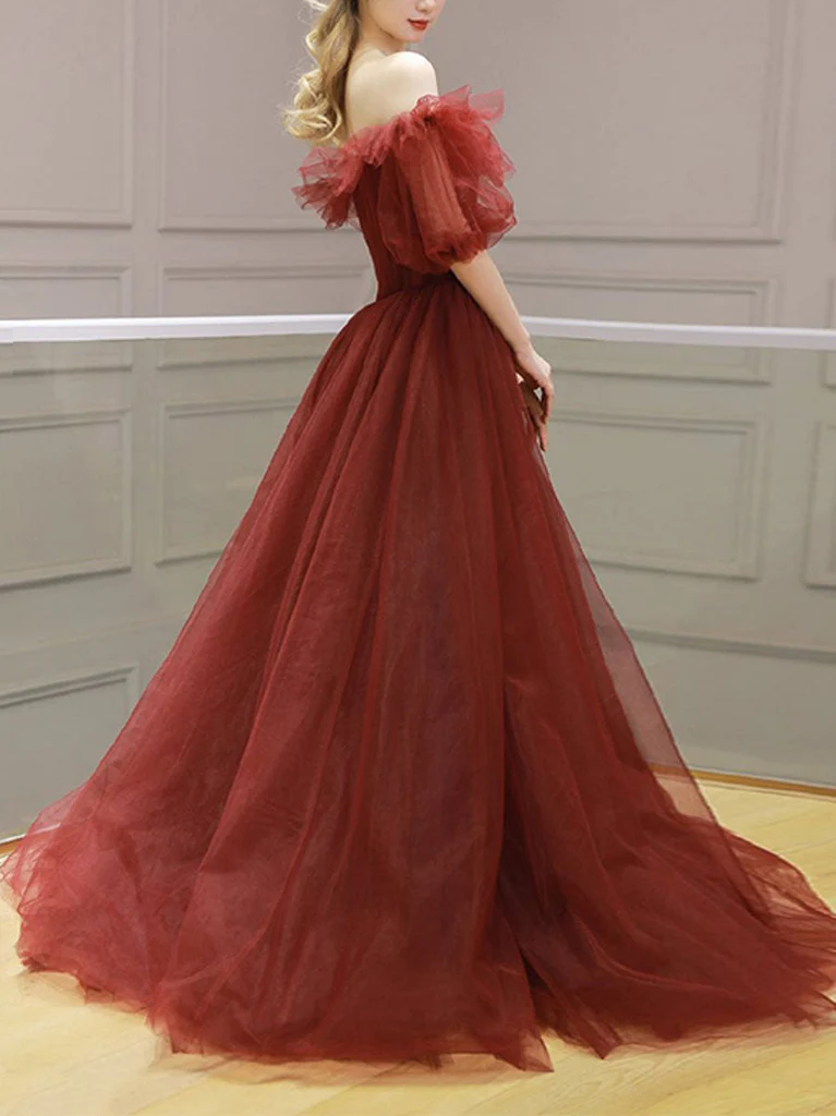 Burgundy Off Shoulder A Line Formal Evening Dress Tulle Long Prom Dress gh2516