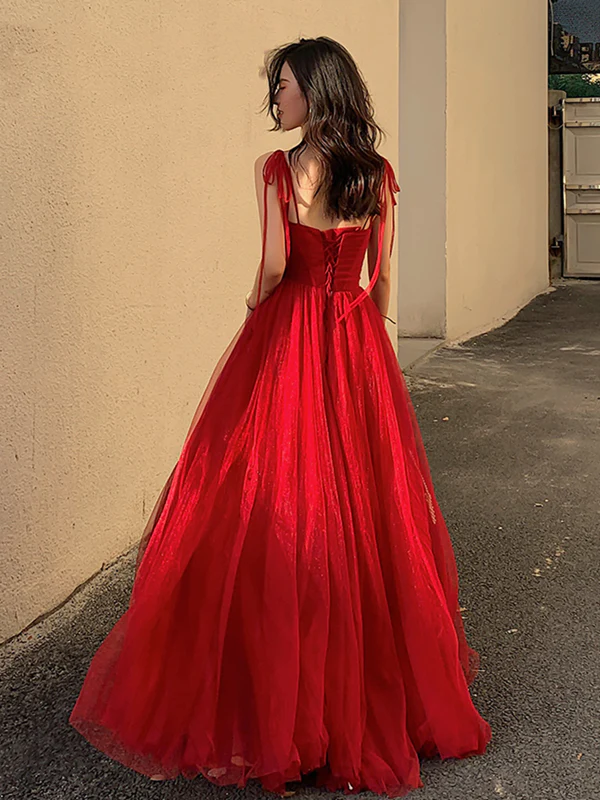 Red elegant spaghetti straps delicate floral beading long tulle formal prom dress evening gown with back corset gh2550