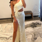 Ivory Mermaid One Shoulder Cut-Out Sequins Long Prom Gown with Slit gh2619