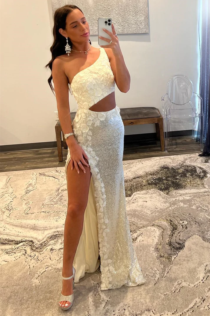 Ivory Mermaid One Shoulder Cut-Out Sequins Long Prom Gown with Slit gh2619