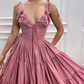 Long Satin Flowers Evening Dresses Spaghetti Straps V Neck Formal Evening Party Dress  gh2112