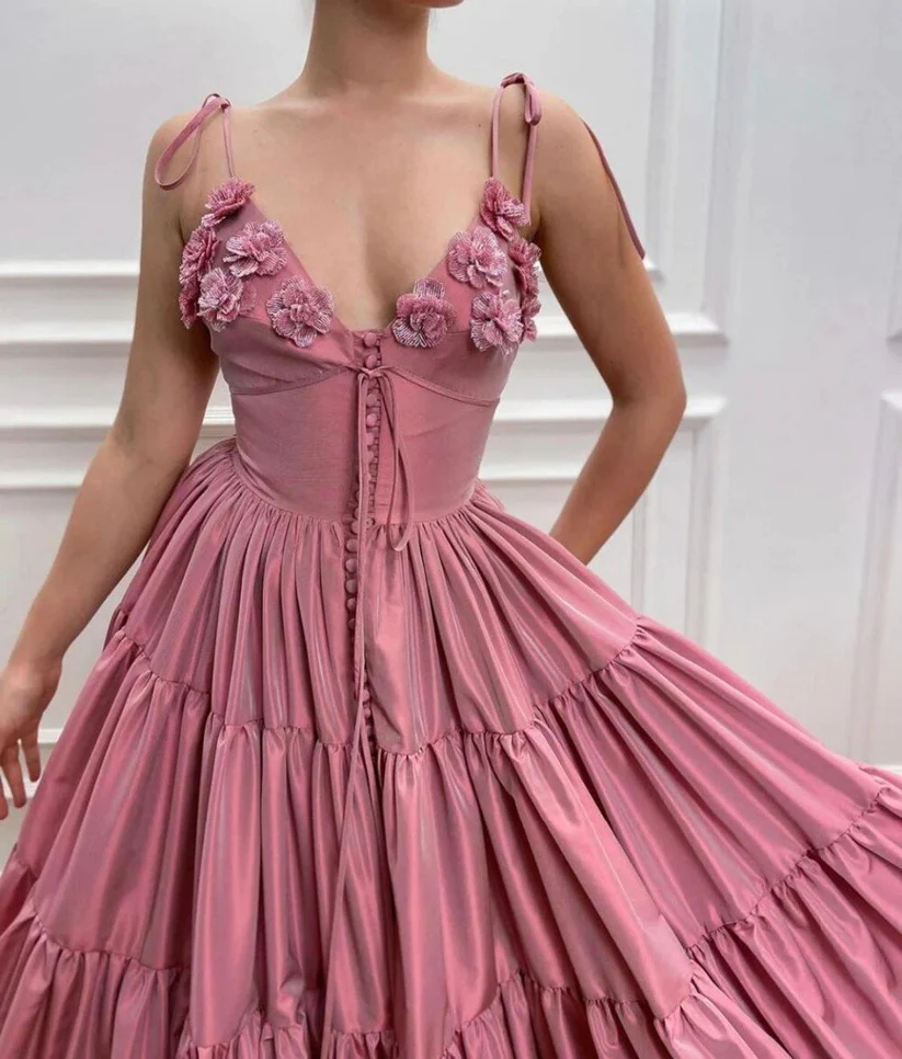 Long Satin Flowers Evening Dresses Spaghetti Straps V Neck Formal Evening Party Dress  gh2112