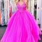V Neck Fuchsia Lace Appliques Tulle Long Prom Dresses, Fuchsia Lace Formal Evening Dresses, Fuchsia Ball Gown gh2562