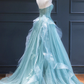 Green Lace Tulle A-Line Long Formal Dress, Green Strapless Evening Dress gh2581