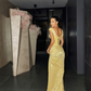 Yellow shiny sequins long fashion sleeveless slit sexy ball gown evening dress gh2087