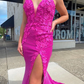 Sparkly Mermaid V Neck Fuchsia Sequins Long Prom Dresses with Appliques gh2584