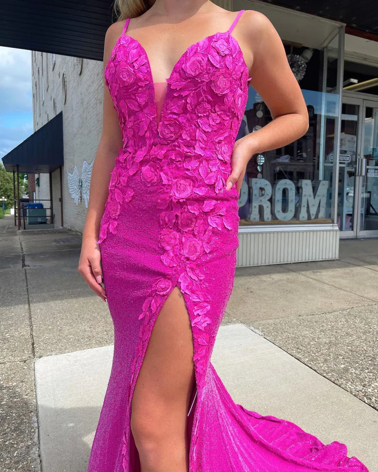 Sparkly Mermaid V Neck Fuchsia Sequins Long Prom Dresses with Appliques gh2584