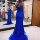 Blue One Shoulder Applique Beading Mermaid Prom Dress with Side Slit gh2613