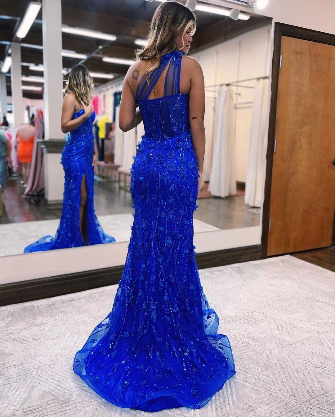 Blue One Shoulder Applique Beading Mermaid Prom Dress with Side Slit gh2613