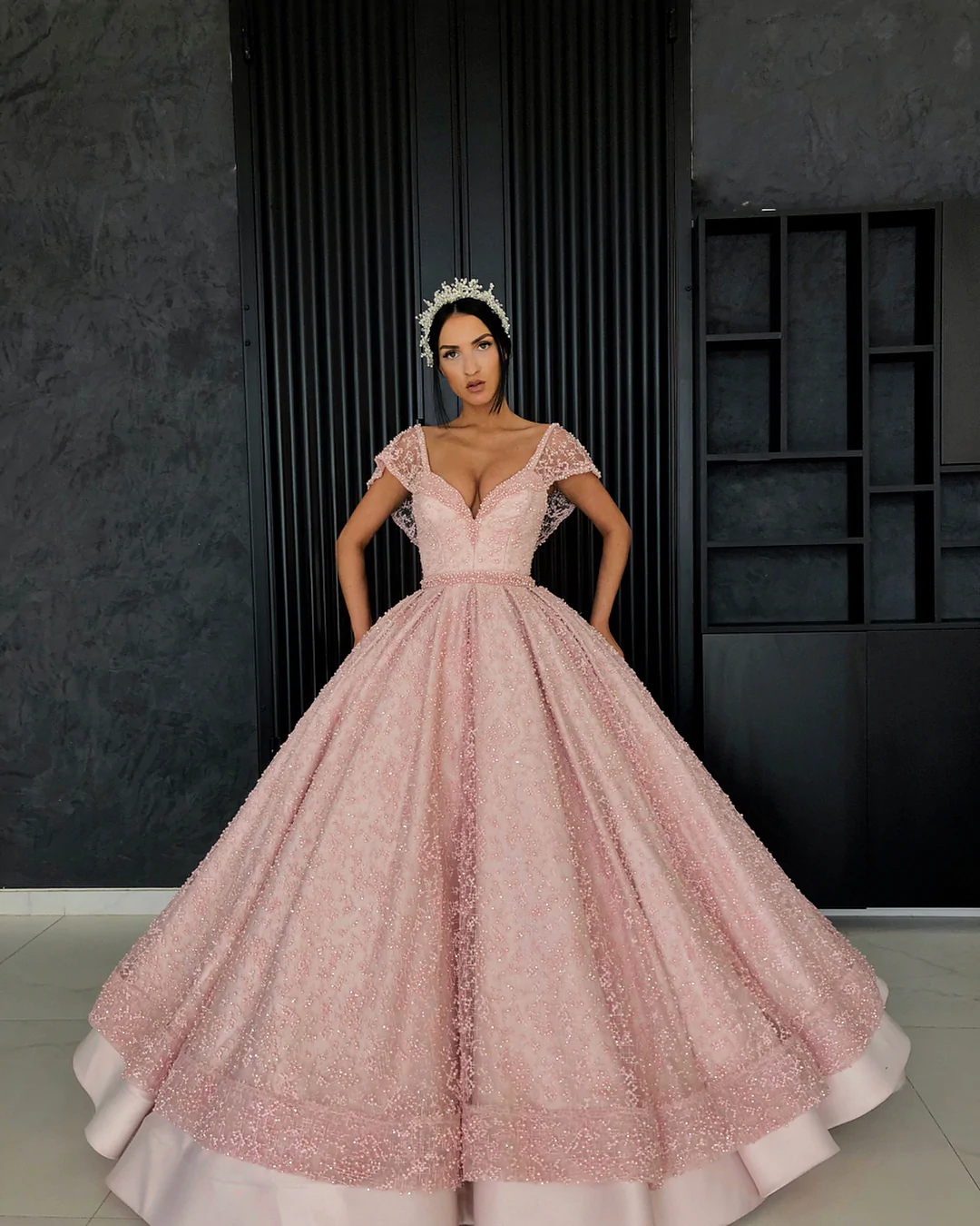 Gorgeous pink ball gown V neck floor length organza beaded crochet flowers evening dress gh2221