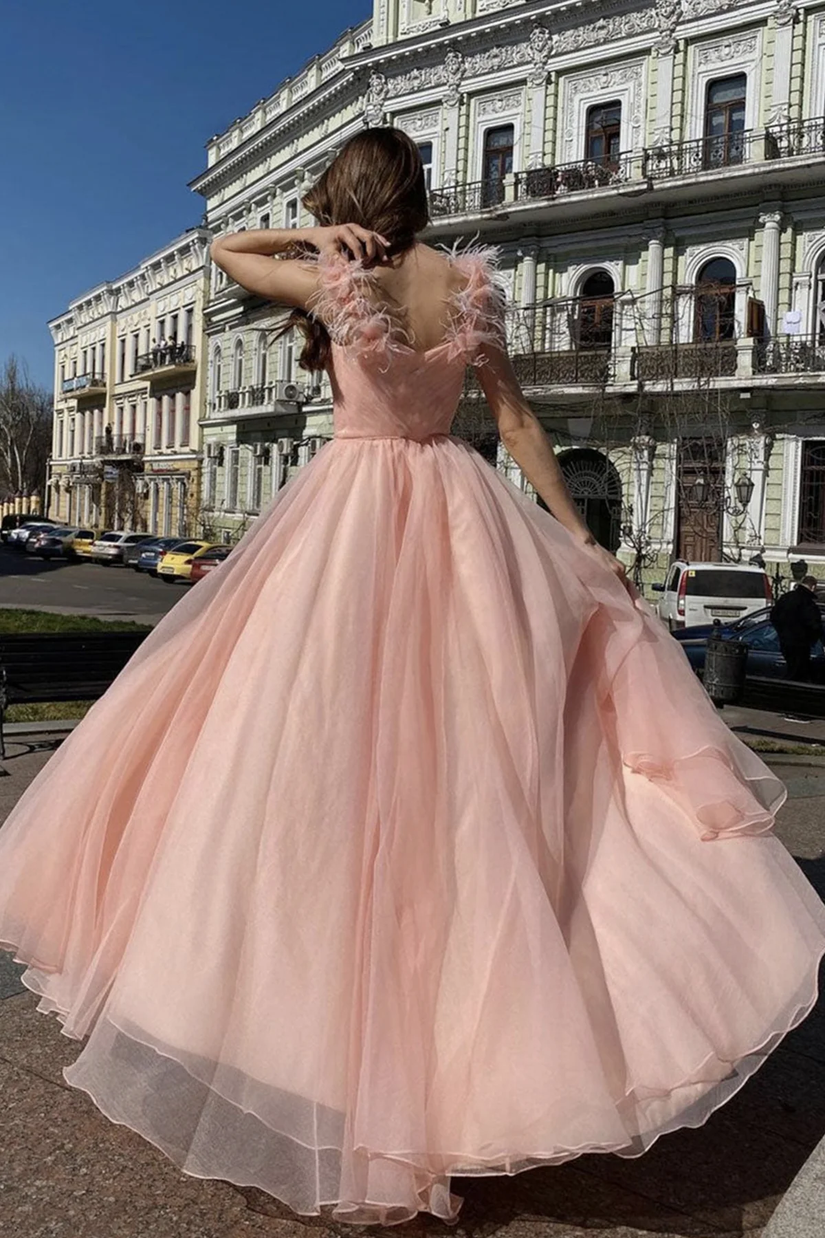 Robe de soirée longue élégante en tulle rose à col en V avec fente haute, robe de soirée formelle en tulle rose gh2602