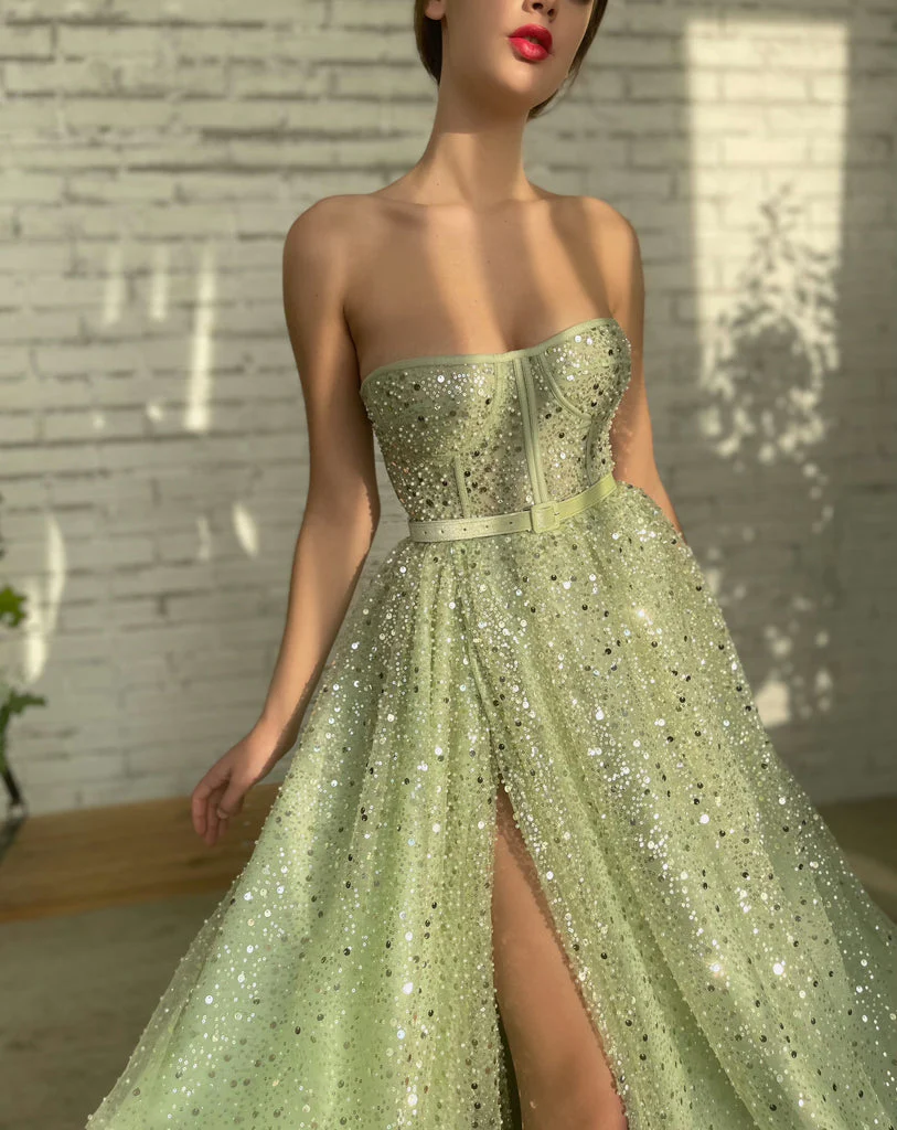 Green tulle sequins prom dress Formal Couture Dress  gh2205