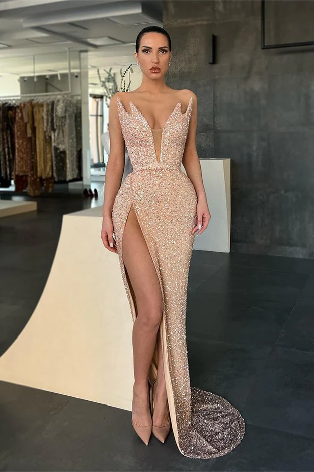 Superbe robe de bal sirène longue sans manches à col en V avec fente gh2387