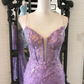 Lavender Floral Appliques Split Neck Mermaid Long Prom Dress gh2595