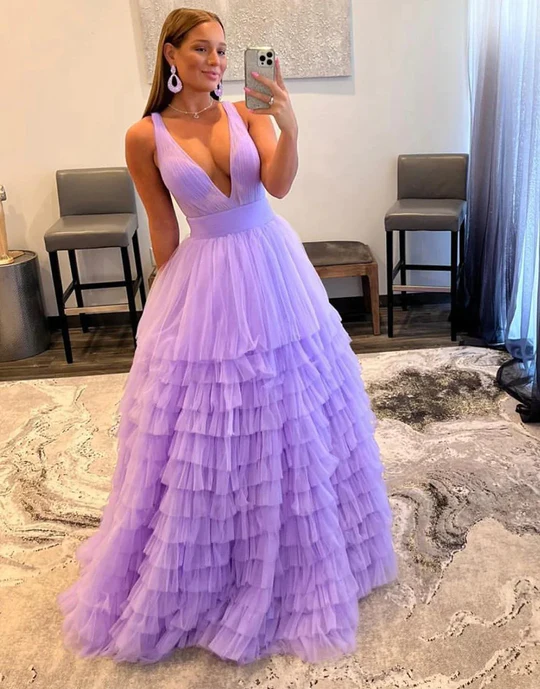 Lilac Tulle Long Tiered Prom Dresses gh2607