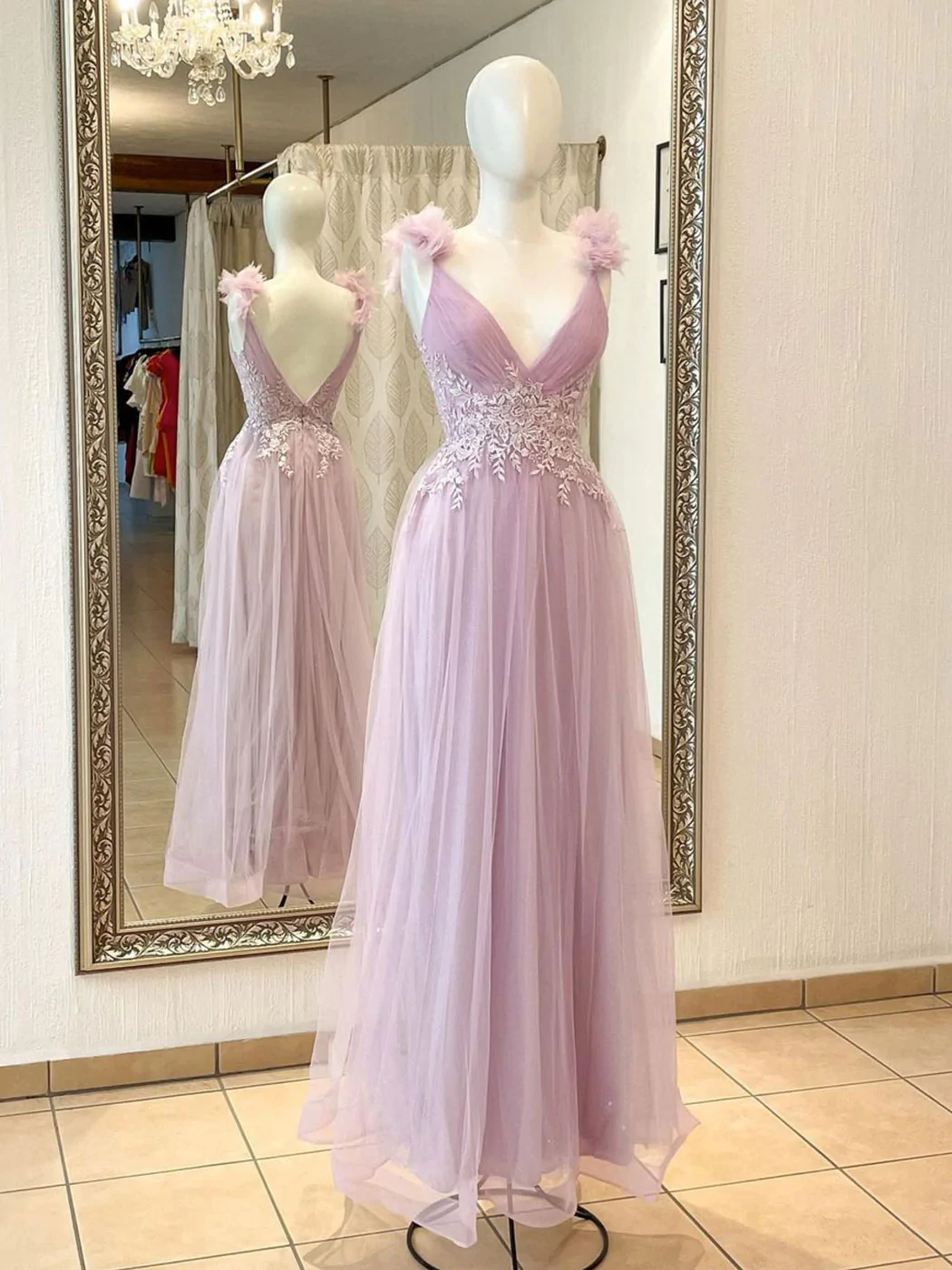 V neck A line Pink Long Prom Dresses, Lace Long Graduation Dresses With Lace Applique gh2497