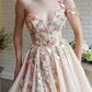 Elegant One Shoulder Champagne Prom Dresses with Flower, One Shoulder Champagne Floral Formal Evening Dresses gh2066