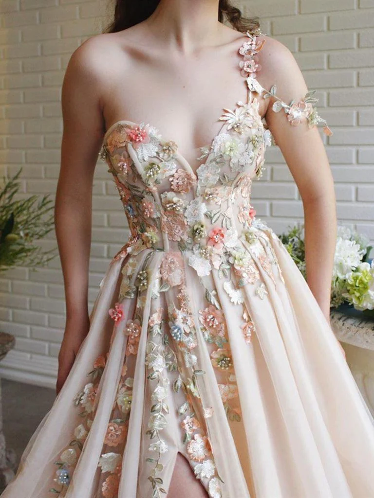 Elegante One-Shoulder-Champagner-Abschlussballkleider mit Blume, One-Shoulder-Champagner-Abendkleider mit Blumenmuster gh2066