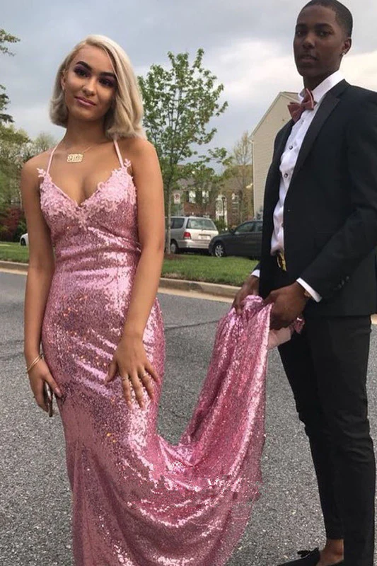 Rose Pink Sequins Halter Prom Dresses gh2598