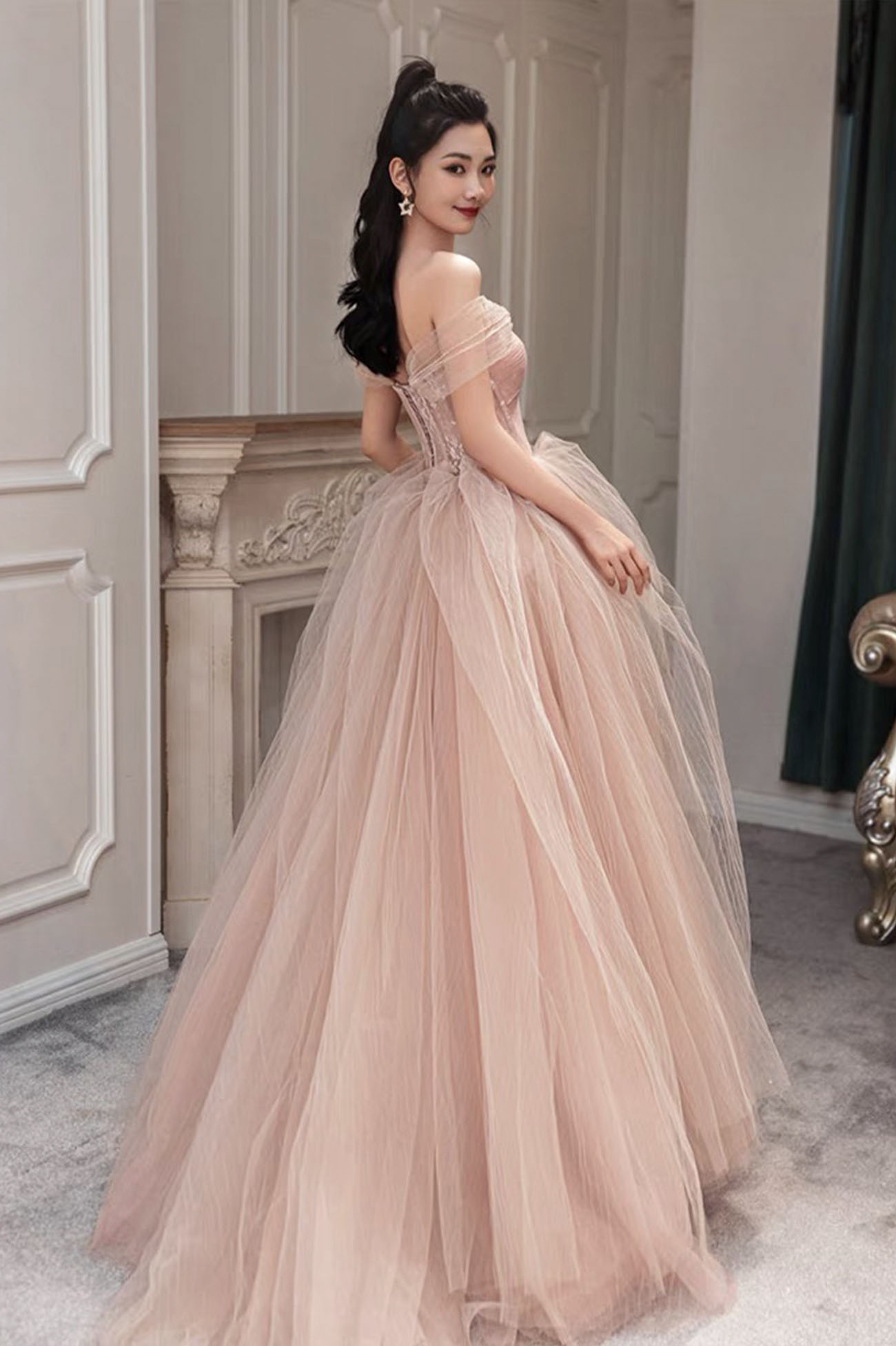 ROBE DE BAL LONGUE EN TULLE ROSE ROBE DE SOIRÉE ROSE gh2448
