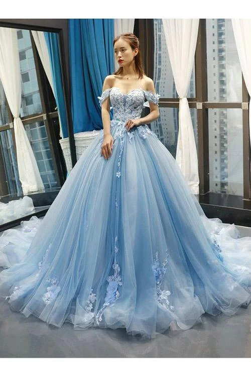 Light Sky Blue Off The Shoulder Ball Gown Tulle Prom Dress With Applique  gh2282