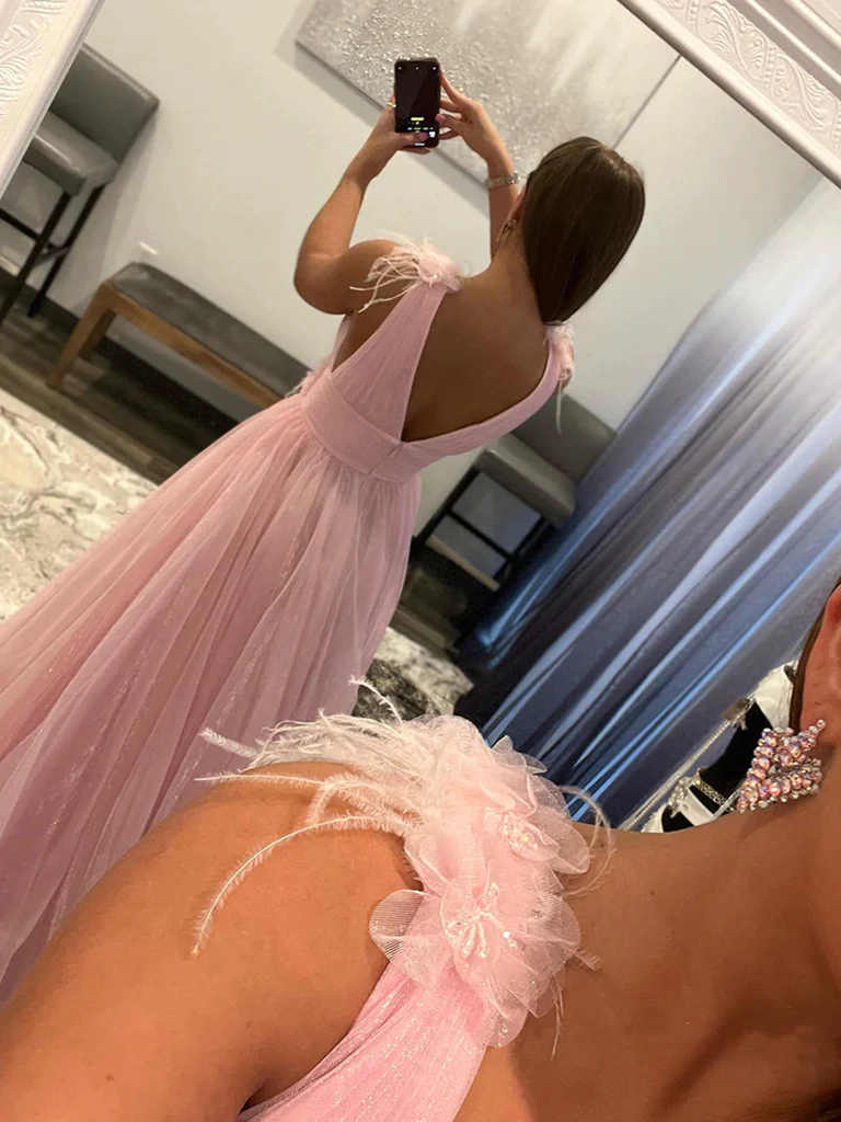 V Neck and V Back Pink Tulle Long Prom Dresses, V Neck Pink Formal Graduation Evening Dresses  gh2518
