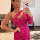One Shoulder Fuchsia Beading Lace Mermaid Prom Dress with Long Sleeves gh2589