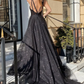 Shiny Tulle V Neck Open Back Black Long Prom Dresses with High Slit, Sparkly Black Tulle Formal Graduation Evening Dresses gh2172