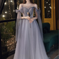 Gray Blue Prom Dress Stunning Glitter Tulle Bridesmaid Dress Long Tulle Sleeves Graduation Dress Illusion Evening Dress Floor Length gh2232