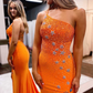 One-Shoulder Orange Beaded Stars Long Prom Dress with Slit gh2417
