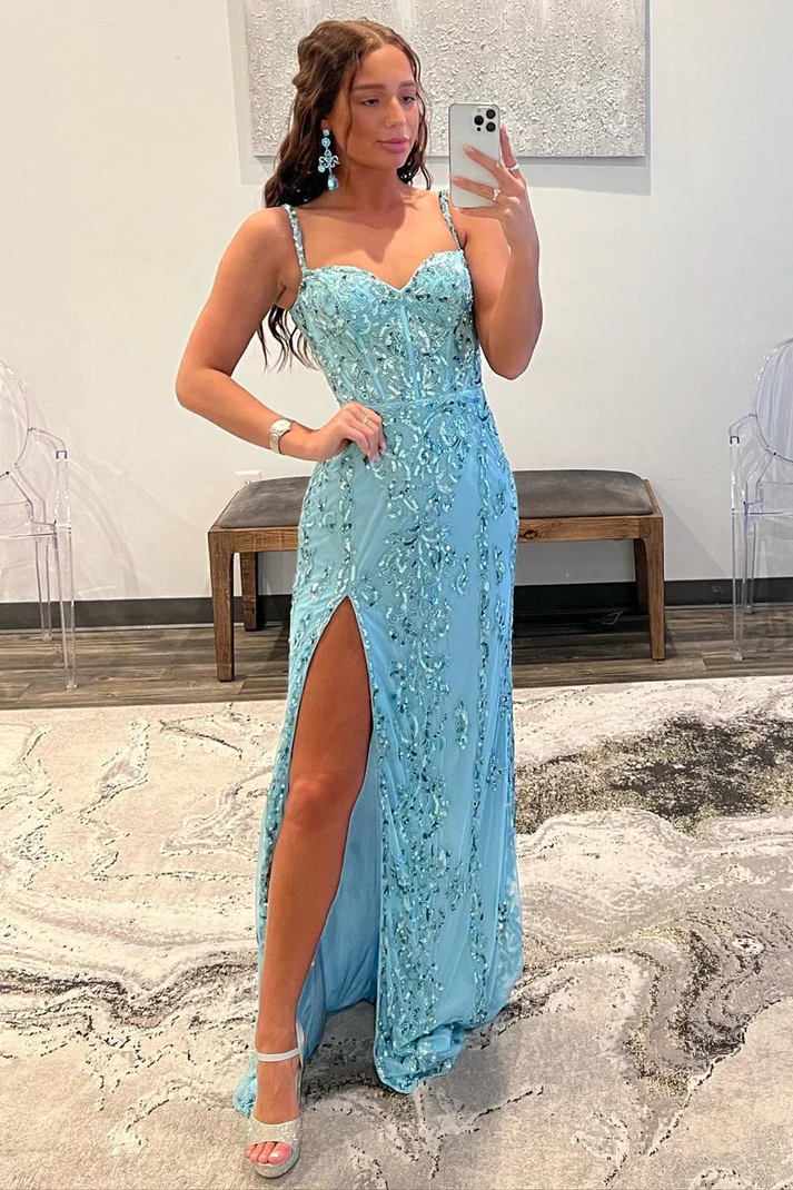 Aqua Blue Mermaid Spaghetti Straps Sequin-Embroidered Long Prom Gown with Slit gh2618