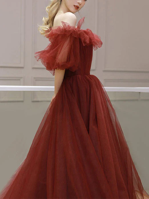 Burgundy Off Shoulder A Line Formal Evening Dress Tulle Long Prom Dress gh2516