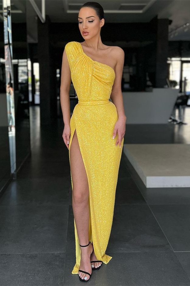 Amazing Yellow One Shoulder Sequins evening Dress Mermaid With Slit  gh2002