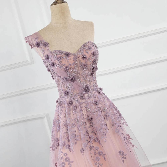 Robe de soirée longue en tulle à une épaule sans manches avec appliques en dentelle et perles pour fille gh2277