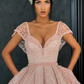 Gorgeous pink ball gown V neck floor length organza beaded crochet flowers evening dress gh2221