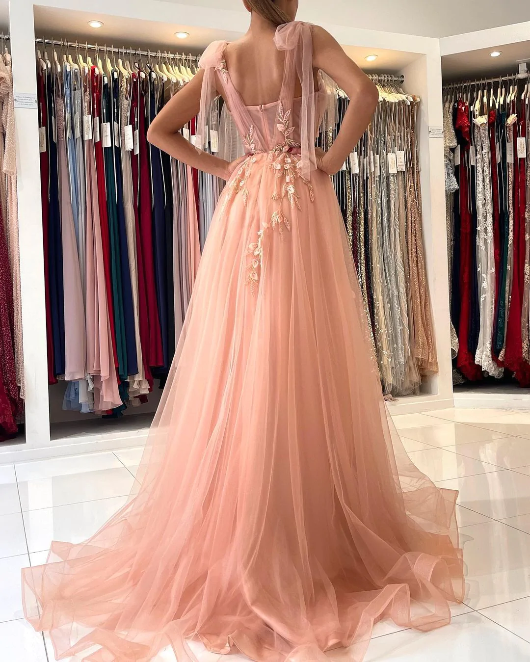 Pink charming heart-shaped sling tulle slit long evening dress gh2169