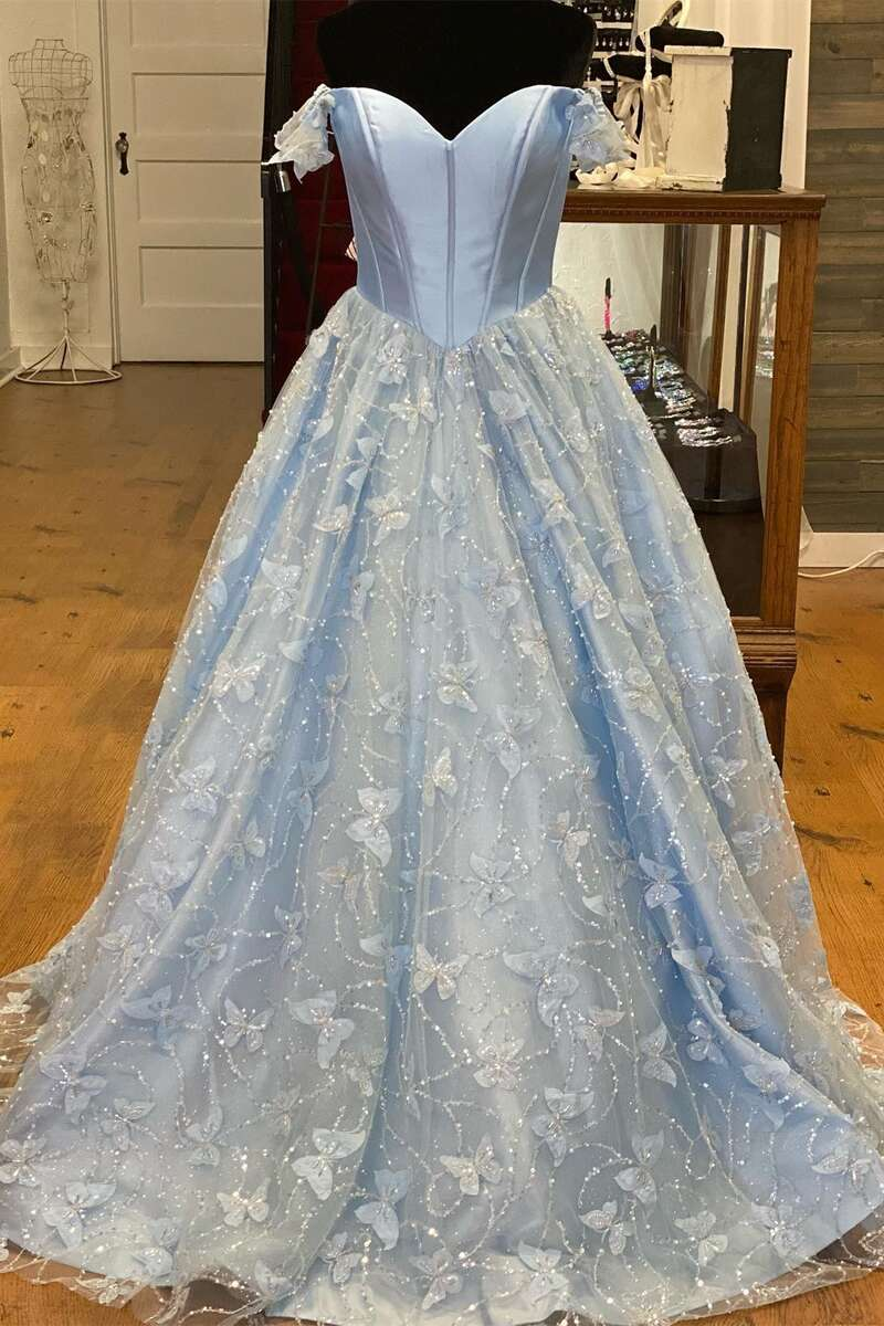 Robe de bal trapèze bleu clair à épaules dénudées et décolleté en cœur gh2160