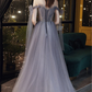 Graublaues Ballkleid Atemberaubendes Glitzer-Tüll-Brautjungfernkleid Lange Tüllärmel Abschlusskleid Illusions-Abendkleid Bodenlang gh2232