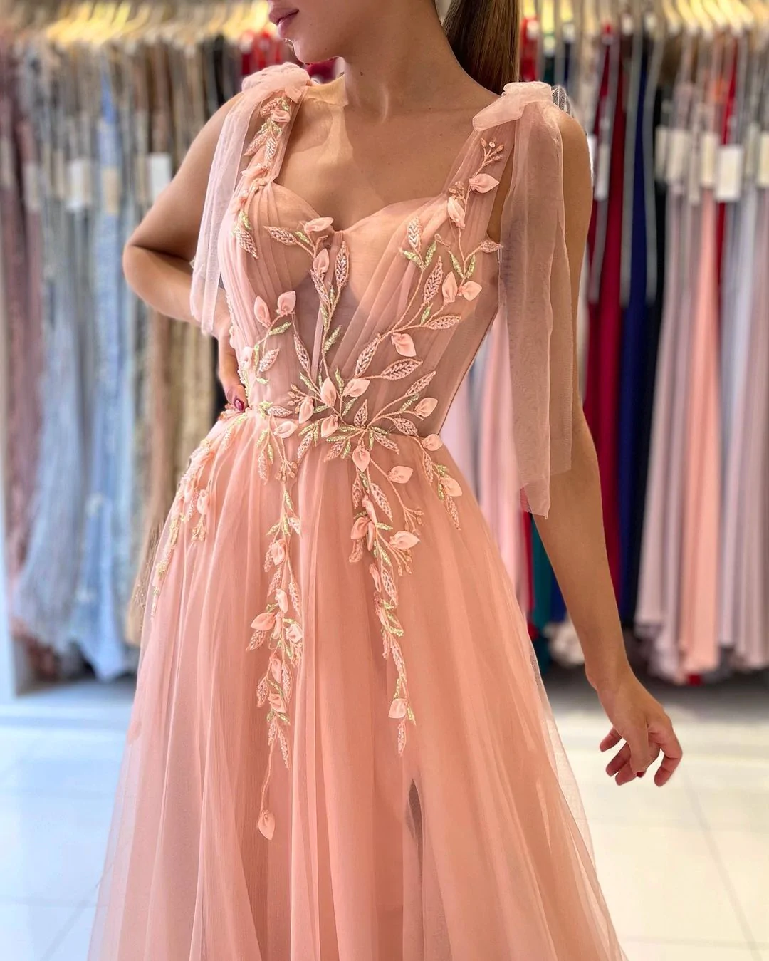 Pink charming heart-shaped sling tulle slit long evening dress gh2169