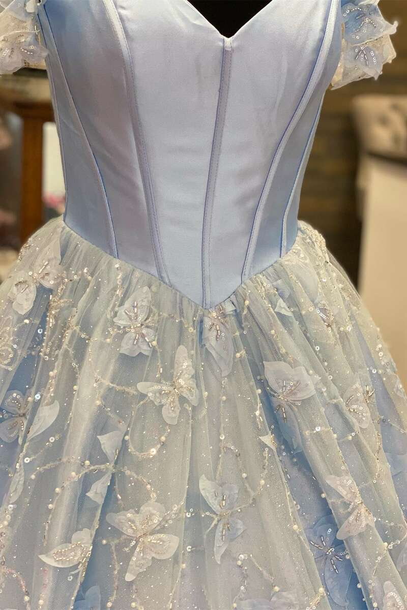 Robe de bal trapèze bleu clair à épaules dénudées et décolleté en cœur gh2160