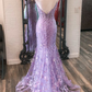 Lavender Floral Appliques Split Neck Mermaid Long Prom Dress gh2595