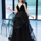 Simple Black Long Ruffle Tulle V Neck Formal Prom Dress gh2624