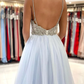 Spaghetti Straps V-Neck Tulle Long Prom Dresses With Beads gh2599