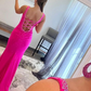 Rose Red V-neck Beading Mermaid Prom Dress with Side Slit gh2587