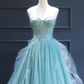 Green Lace Tulle A-Line Long Formal Dress, Green Strapless Evening Dress gh2581
