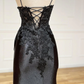 Spaghetti Straps Appliques Side Slit Black Prom Dress gh2611
